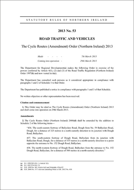 The Cycle Routes (Amendment) Order (Northern Ireland) 2013