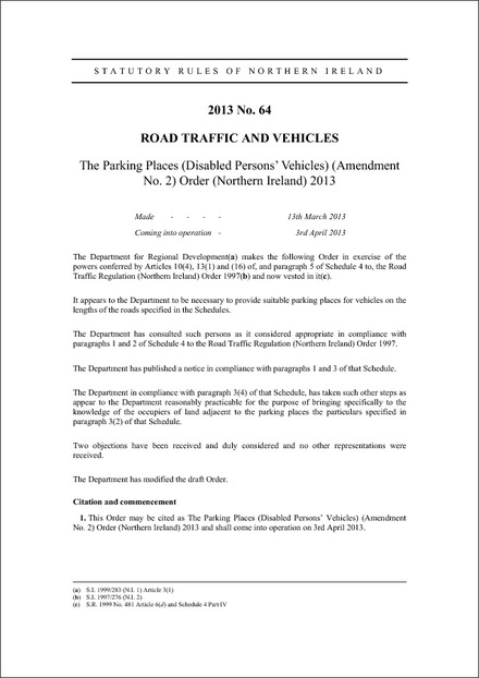 The Parking Places (Disabled Persons' Vehicles) (Amendment No. 2) Order (Northern Ireland) 2013