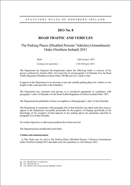 The Parking Places (Disabled Persons’ Vehicles) (Amendment) Order (Northern Ireland) 2013