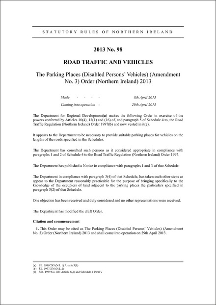 The Parking Places (Disabled Persons' Vehicles) (Amendment No. 3) Order (Northern Ireland) 2013