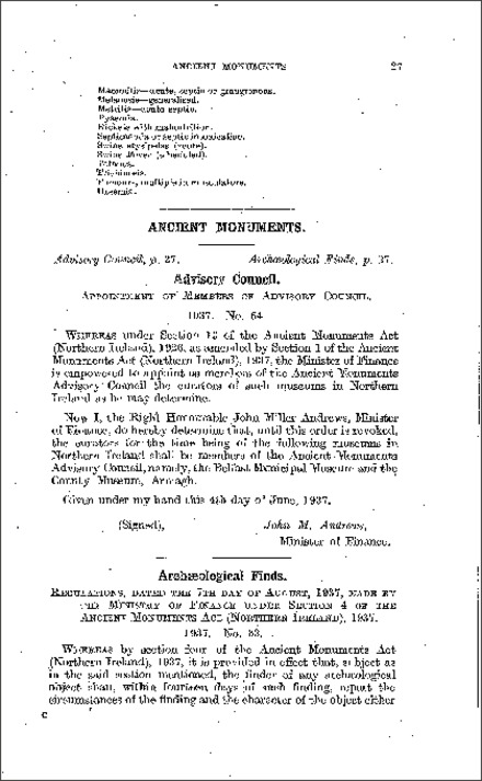The Ancient Monuments: Advisory Council Order (Northern Ireland) 1937