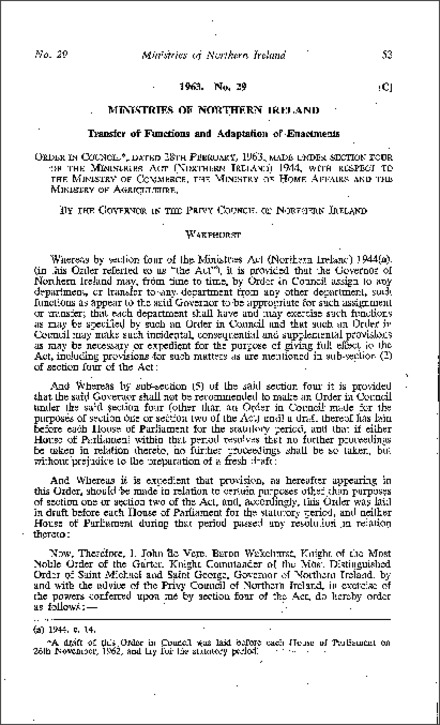 The Ministers (Transfer of Functions) Order (Northern Ireland) 1963