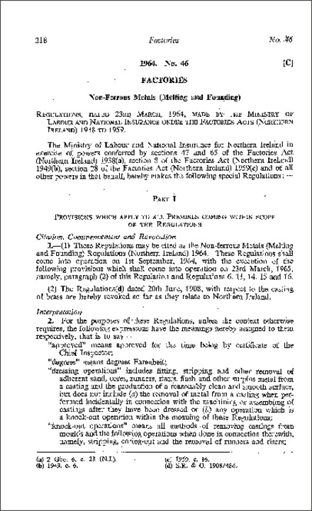 The Non-ferrous Metals (Melting and Founding) Regulations (Northern Ireland) 1964