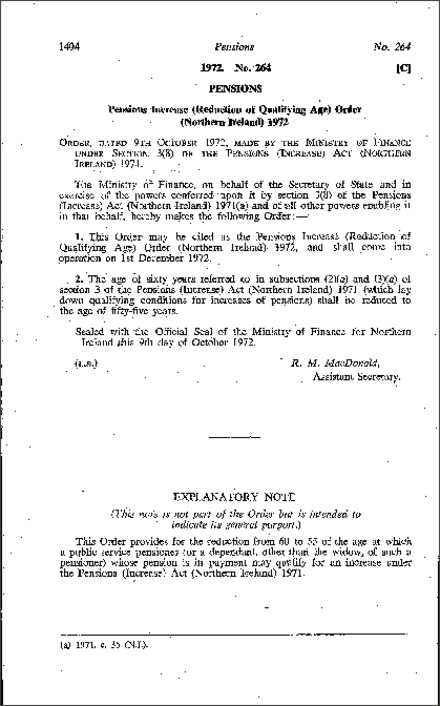 The Pensions Increase (Reduction of Qualifying Age) Order (Northern Ireland) 1972