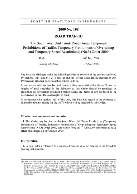 The South West Unit Trunk Roads Area (Temporary Prohibitions of Traffic, Temporary Prohibitions of Overtaking and Temporary Speed Restrictions) (No.5) Order 2009