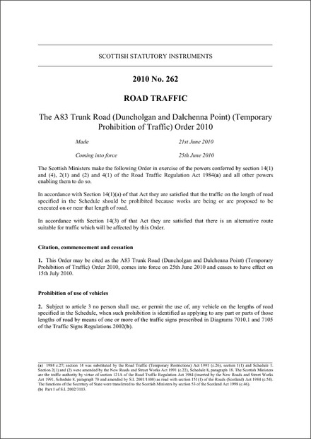 The A83 Trunk Road (Duncholgan and Dalchenna Point) (Temporary Prohibition of Traffic) Order 2010