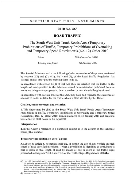 The South West Unit Trunk Roads Area (Temporary Prohibitions of Traffic, Temporary Prohibitions of Overtaking and Temporary Speed Restrictions) (No. 12) Order 2010