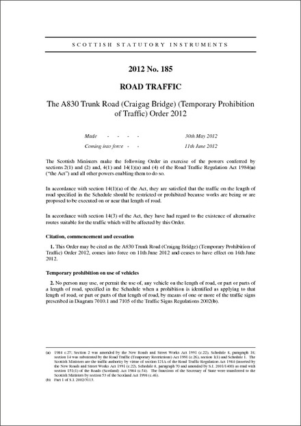The A830 Trunk Road (Craigag Bridge) (Temporary Prohibition of Traffic) Order 2012