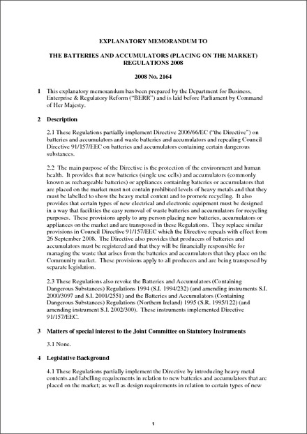 Impact Assessment to The Batteries and Accumulators (Placing on the Market) Regulations 2008
