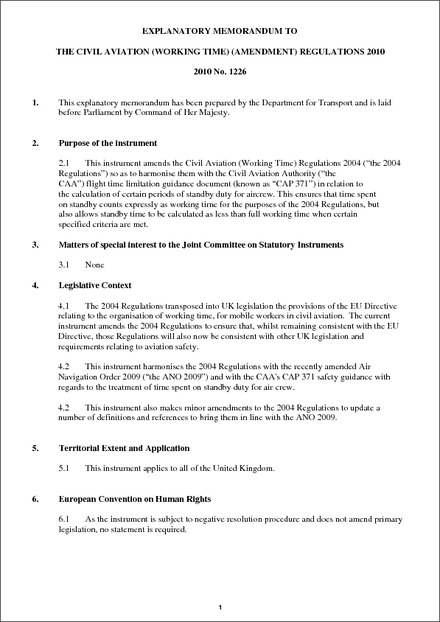 Impact Assessment to The Civil Aviation (Working Time) (Amendment) Regulations 2010