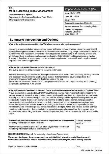 Impact Assessment to The Marine Licensing (Licence Application Appeals) Regulations 2011
