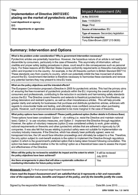Impact Assessment to The Pyrotechnic Articles (Safety) Regulations 2010 (revoked)
