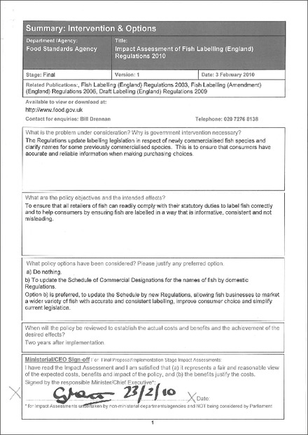 Impact Assessment to The Fish Labelling (England) Regulations 2010
