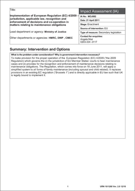 Impact Assessment to The Civil Jurisdiction and Judgments (Maintenance) Regulations 2011
