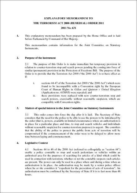 Impact Assessment to The Terrorism Act 2000 (Remedial) Order 2011