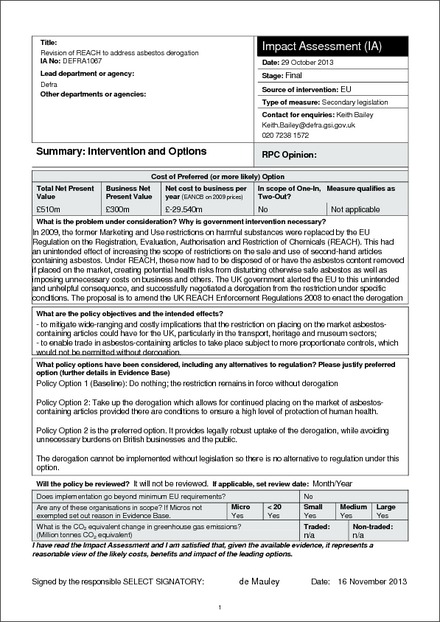 Impact Assessment to The REACH Enforcement (Amendment) Regulations 2013