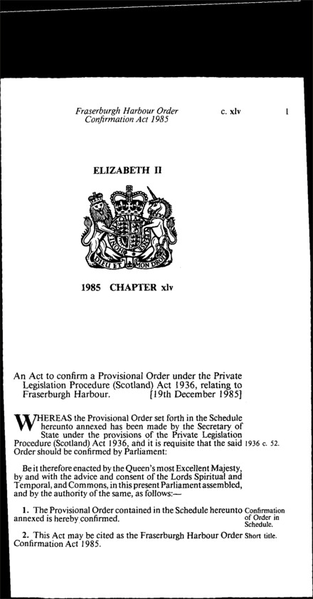 Fraserburgh Harbour Order Confirmation Act 1985