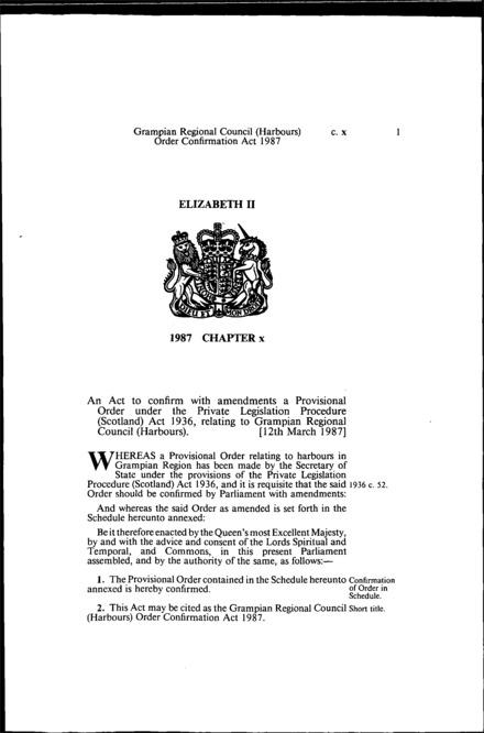 Grampian Regional Council (Harbours) Order Confirmation Act 1987