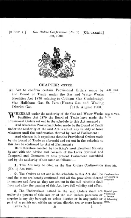 Gas Orders Confirmation (No. 1) Act 1903