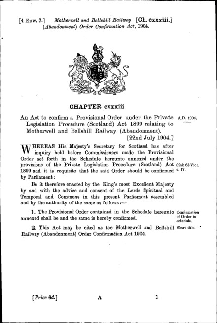 Motherwell and Bellshill Railway (Abandonment) Order Confirmation Act 1904