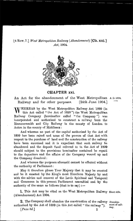 West Metropolitan Railway (Abandonment) Act 1904