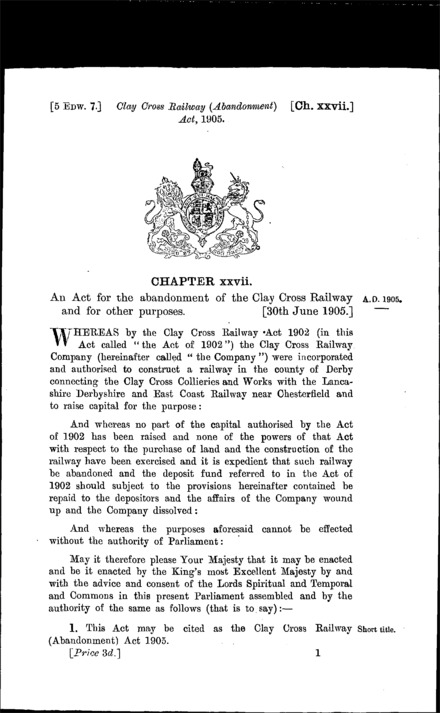 Clay Cross Railway (Abandonment) Act 1905