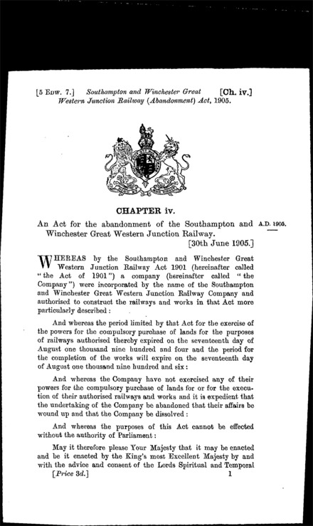 Southampton and Winchester Great Western Junction Railway (Abandonment) Act 1905