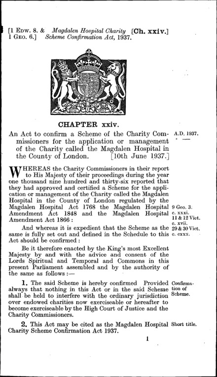 Magdalen Hospital Charity Scheme Confirmation Act 1937