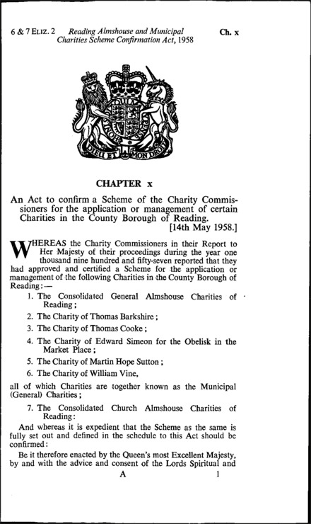 Reading Almshouse and Municipal Charities Scheme Confirmation Act 1958