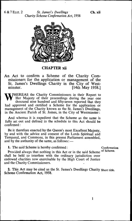 St. James' Dwellings Charity Scheme Confirmation Act 1958