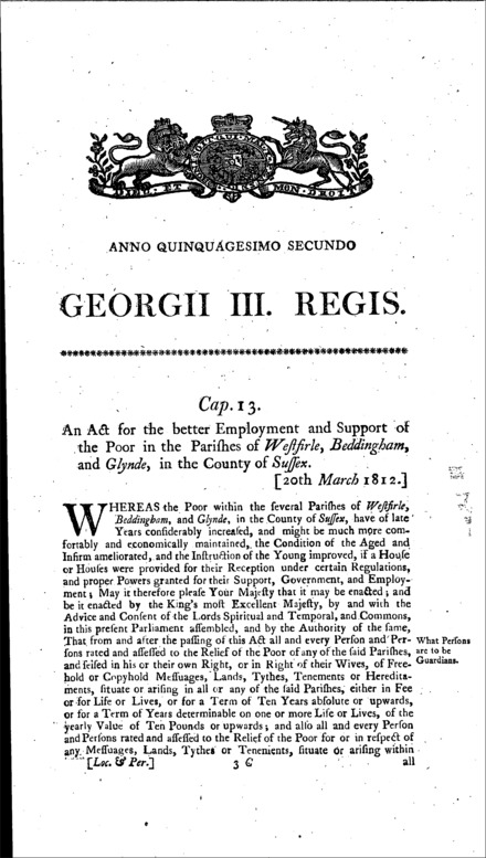 Westsirle, Beddingham and Glynde Poor Relief Act 1812