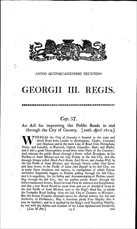 Roads through Coventry Act 1812
