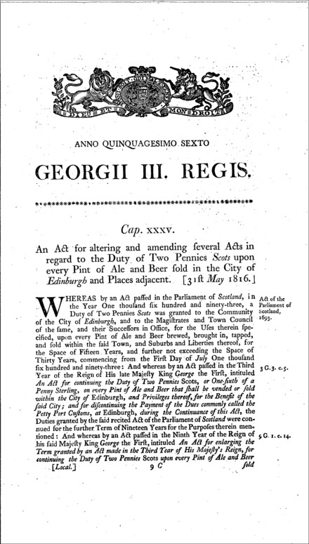 Edinburgh Two Pennies Scots Act 1816