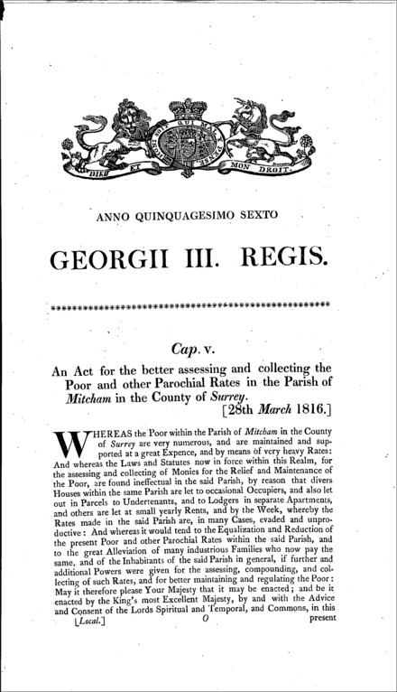 Mitcham Parish Rates Act 1816