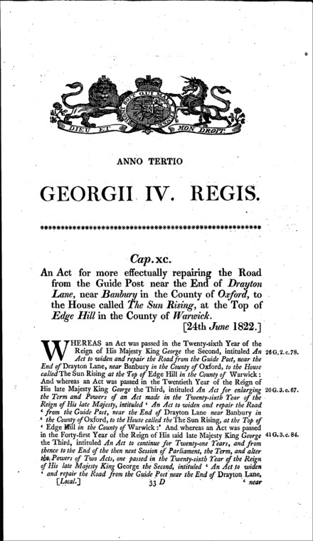 Road from Banbury to Edgehill Act 1822