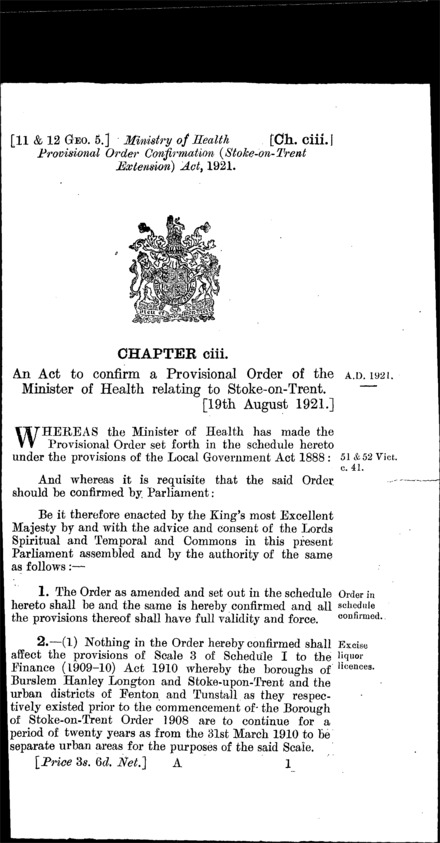 Ministry of Health Provisional Order Confirmation (Stoke-on-Trent Extension) Act 1921