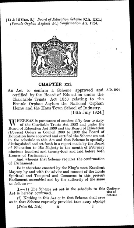 Board of Education Scheme (Female Orphan Asylum, &c.) Confirmation Act 1924
