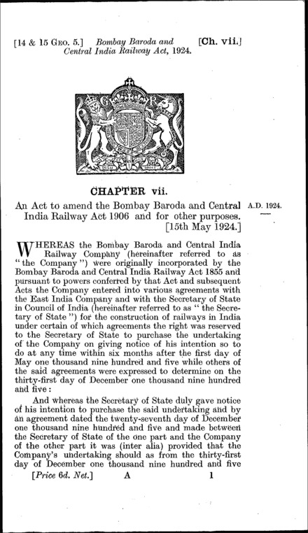 Bombay, Baroda and Central India Railway Act 1924