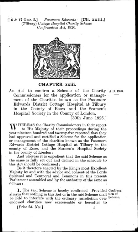 Passmore Edwards (Tilbury) Cottage Hospital Charity Scheme Confirmation Act 1926