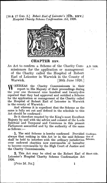 Robert Earl of Leicester's Hospital Charity Scheme Confirmation Act 1926