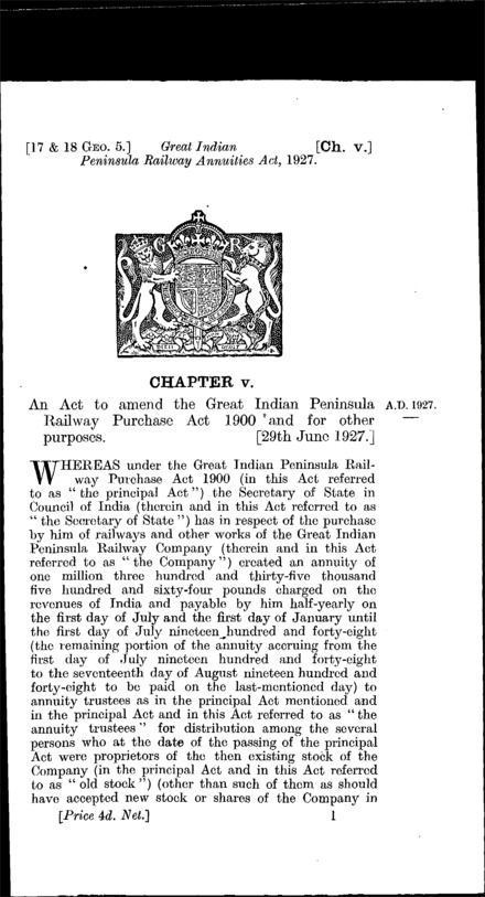 Great Indian Peninsula Railway Annuities Act 1927