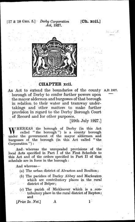 Derby Corporation Act 1927