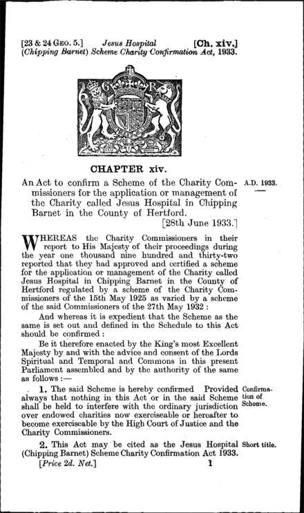 Jesus Hospital (Chipping Barnet) Scheme Charity Confirmation Act 1933