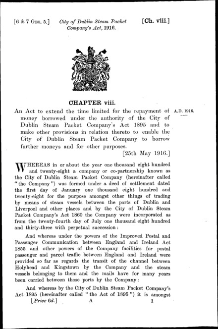 City of Dublin Steam Packet Company Act 1916