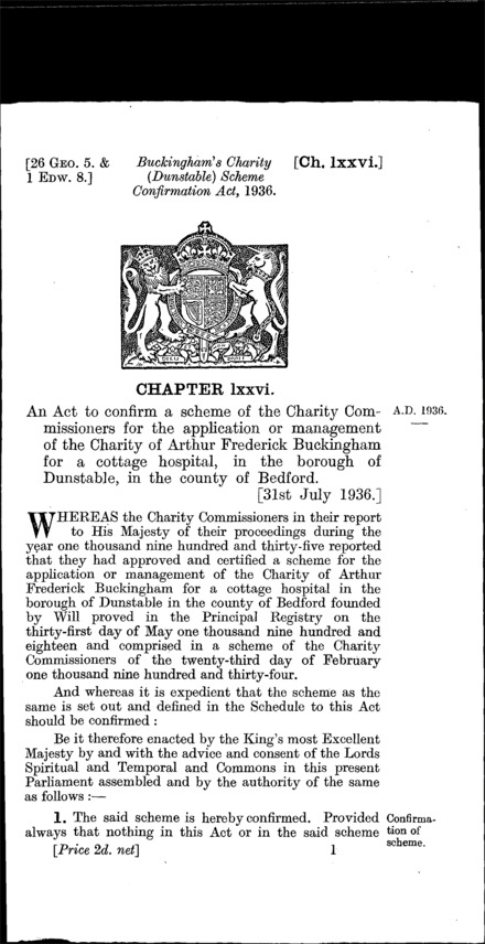Buckingham's Charity (Dunstable) Scheme Confirmation Act 1936
