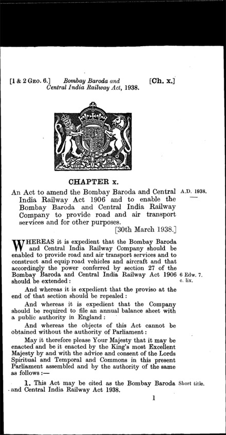 Bombay, Baroda and Central India Railway Act 1938