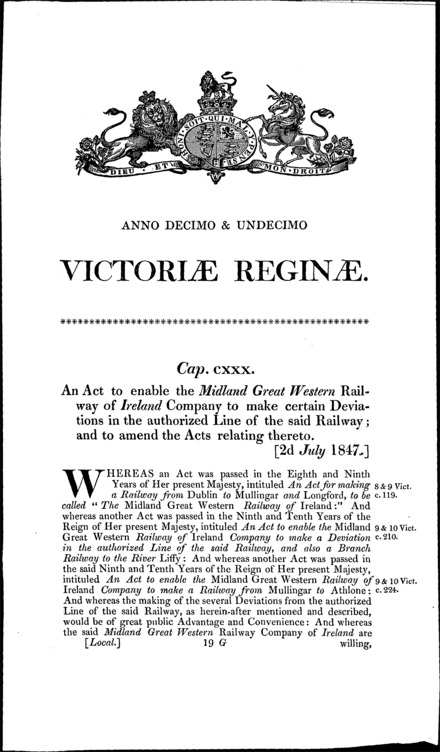 Midland Great Western Railway of Ireland (Newcastle, Anniskinnan and Baltrasna Deviations) Act 1847