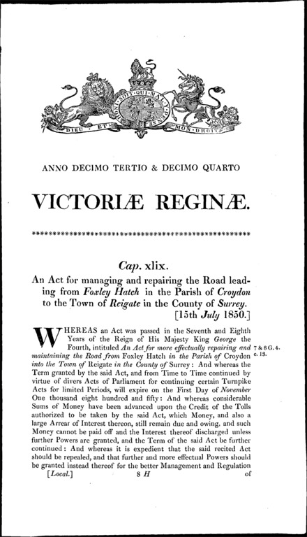 Croydon and Reigate Turnpike Road Act 1850