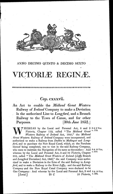 Midland Great Western Railway of Ireland (Longford Deviation and Cavan Branch) Act 1852