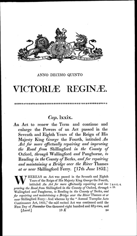 Shillingford, Wallingford and Reading Road Act 1852